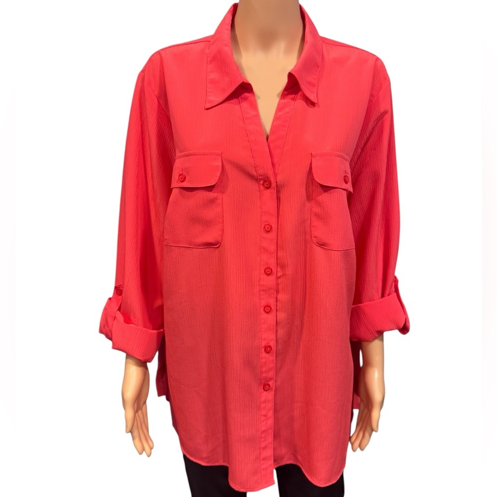 NOTATIONS Vibrant Coral Button Down Blouse 3X